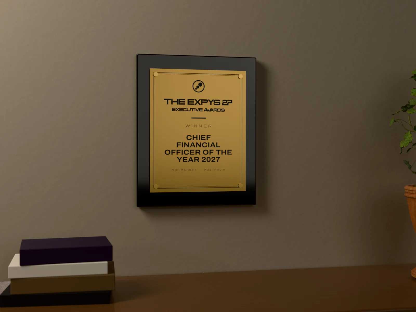A gold Executive Awards winner plaque framed on an office wall