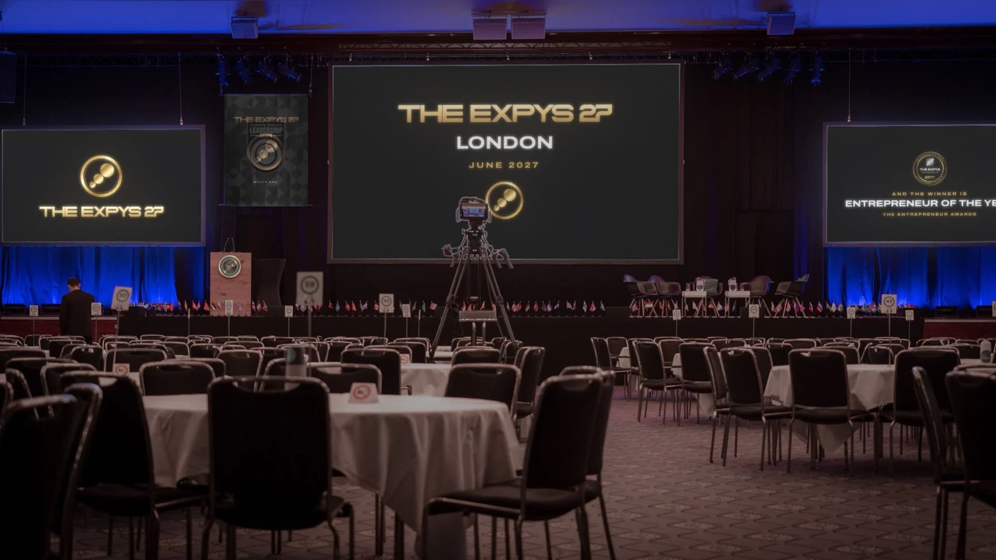 A ballroom set for The Expys 27 London with the stage screen