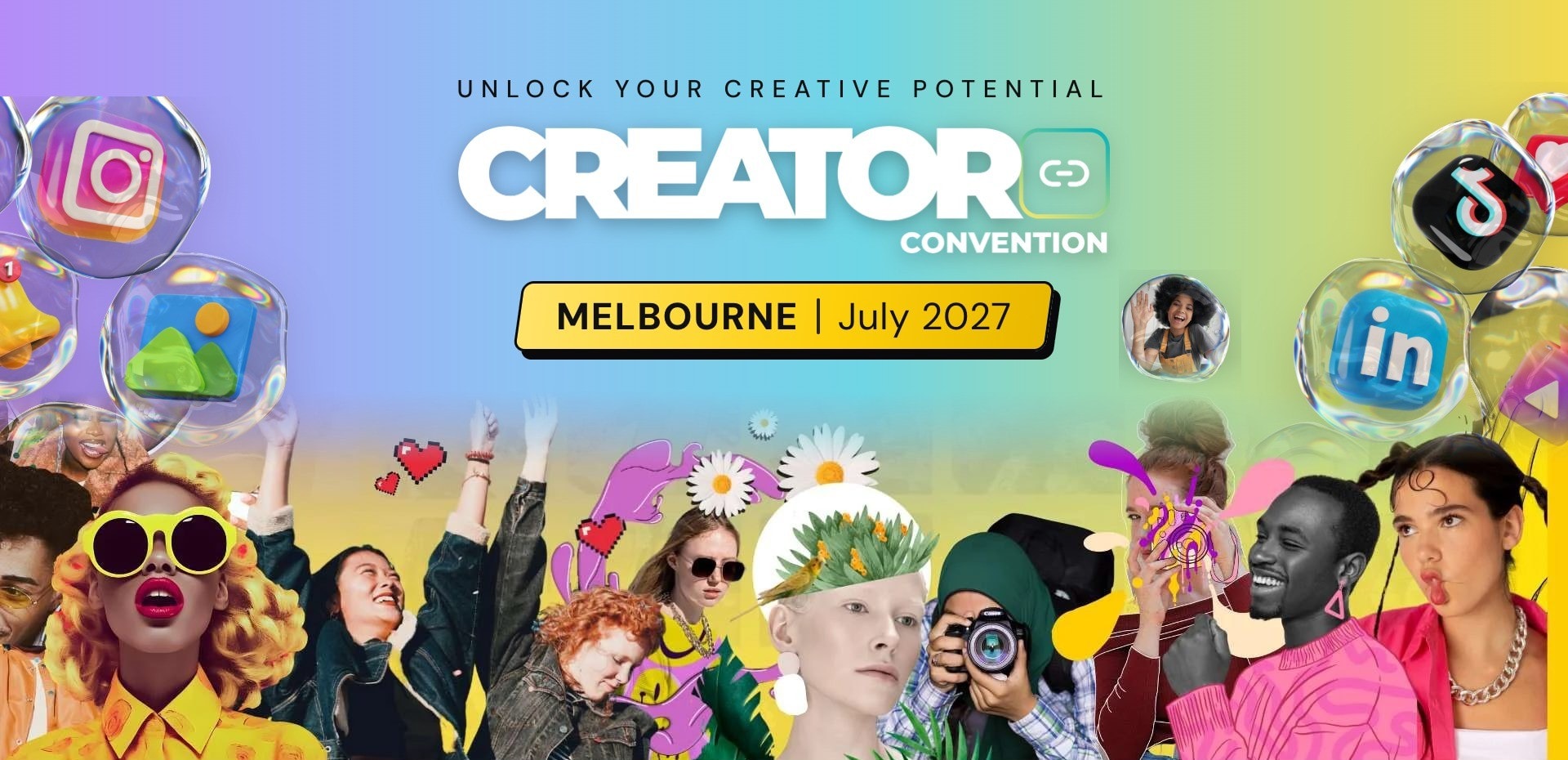 CreatorCon 27 key art: the Creator Convention lockup over Melbourne, July 2027, with social media icons in bubbles and a collage of creators